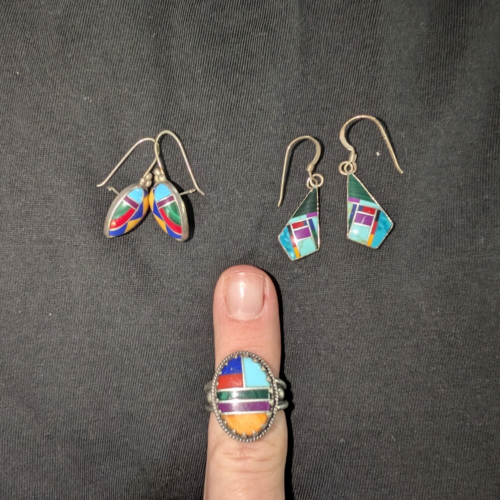 Multicolor Inlay Silver Ring and Earrings Set - Vibrant Geometric Design